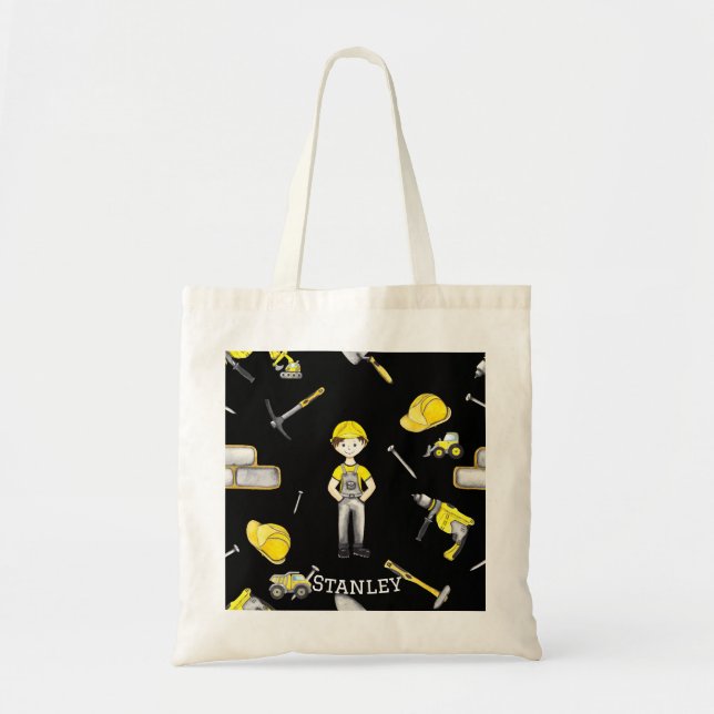 Cute Yellow Construction Truck Dump Name Tote Bag (Front)