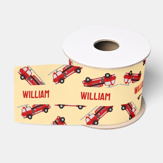 Cute Yellow Custom Name Firetruck Kids Birthday Grosgrain Ribbon (Spool)