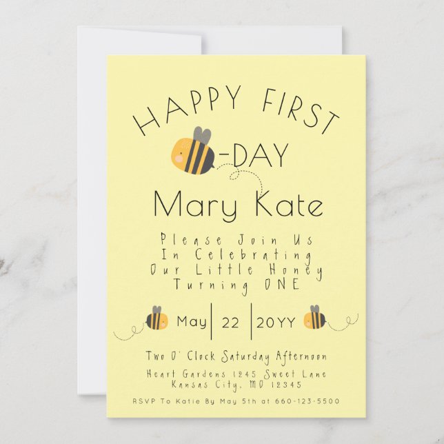 Cute Yellow Customized Honey Bee First Birthday  Invitation (Front)