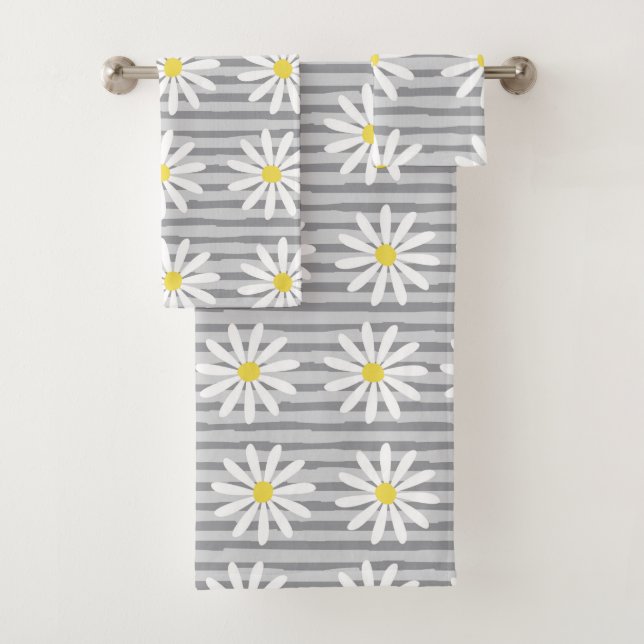 Cute Yellow Daisy Floral Grey Stripes Pattern Bath Towel Set (Insitu)