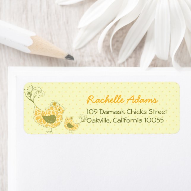 Cute Yellow Damask Mommy & Baby Bird Chic Address (Insitu)