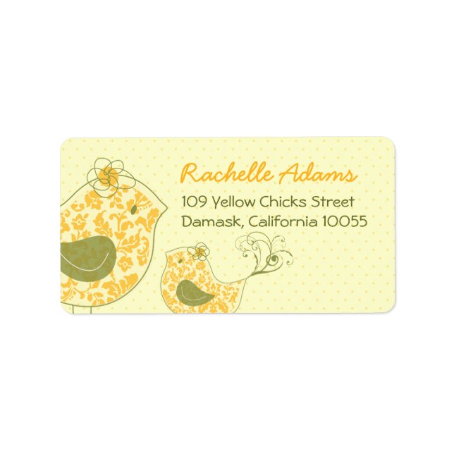 Cute Yellow Damask Mommy & Baby Bird Chic Address Label (Front)