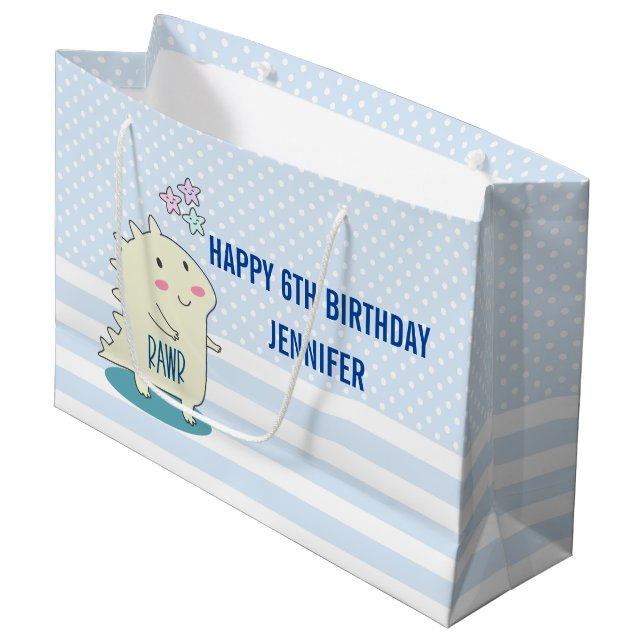 Cute Yellow Dino with Happy Stars Birthday Large Gift Bag (Front Angled)