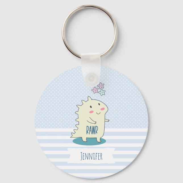 Cute Yellow Dino with Happy Stars Keychain (Front)