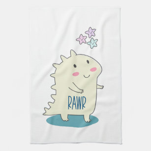 Cute Yellow Dino with Happy Stars Kitchen Towel
