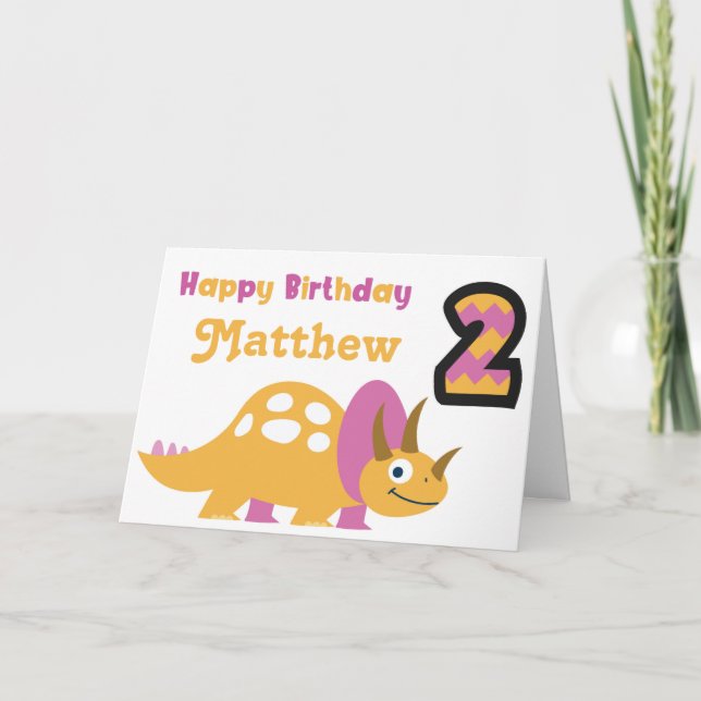 Cute Yellow Dinosaur 2nd Birthday Card (Front)
