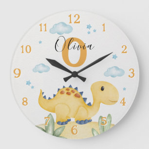 Cute Yellow Dinosaur Nursery Large Clock Personali