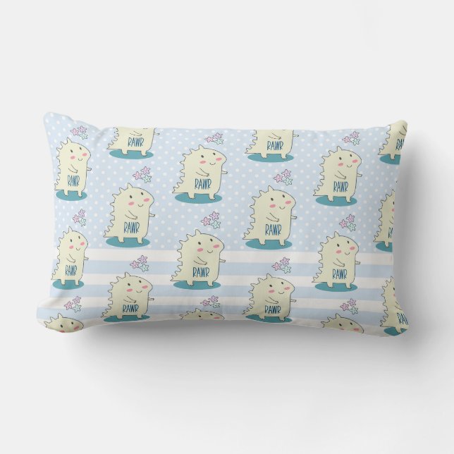 Cute Yellow Dinosaur Rawr with Happy Stars Pattern Lumbar Pillow (Front)