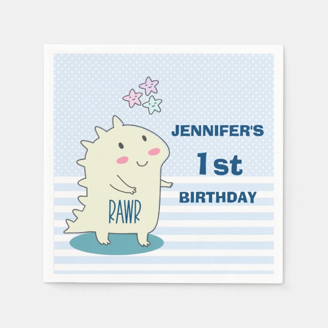 Cute Yellow Dinosaur with Happy Stars  Birthday Napkin (Front)