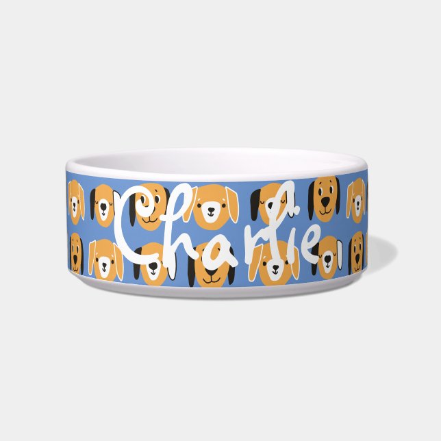 Cute Yellow Dog Head Pattern Customizable Name Bow Bowl (Front)