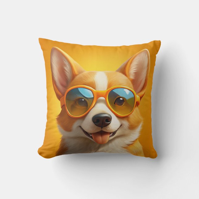 Cute Yellow dog wearing sunglasses Throw Pillow (Front)