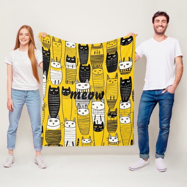 Cute Yellow Doodle Cats Meow Fleece Blanket (In Situ)
