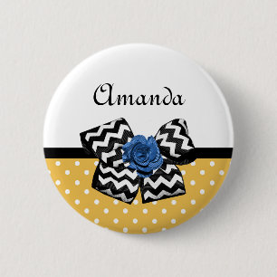 Cute Yellow Dots Blue Rose Chevron Bow With Name 2 Inch Round Button
