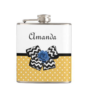 Cute Yellow Dots Blue Rose Chevron Bow With Name Hip Flask