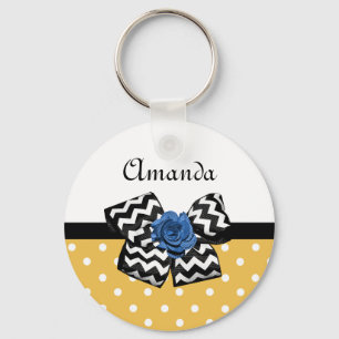 Cute Yellow Dots Blue Rose Chevron Bow With Name Keychain