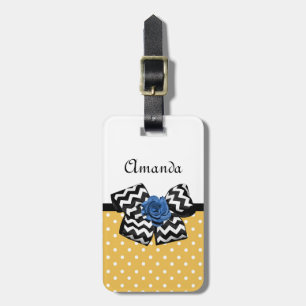 Cute Yellow Dots Blue Rose Chevron Bow With Name Luggage Tag