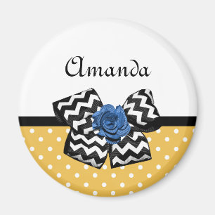 Cute Yellow Dots Blue Rose Chevron Bow With Name Magnet