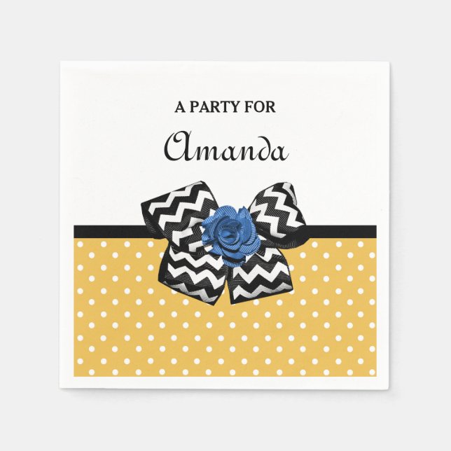 Cute Yellow Dots Blue Rose Chevron Bow With Name Napkin (Front)