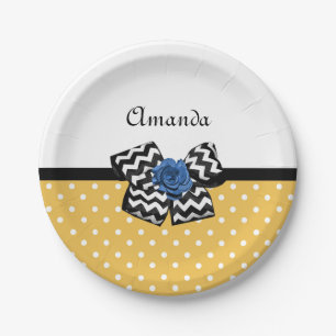 Cute Yellow Dots Blue Rose Chevron Bow With Name Paper Plate