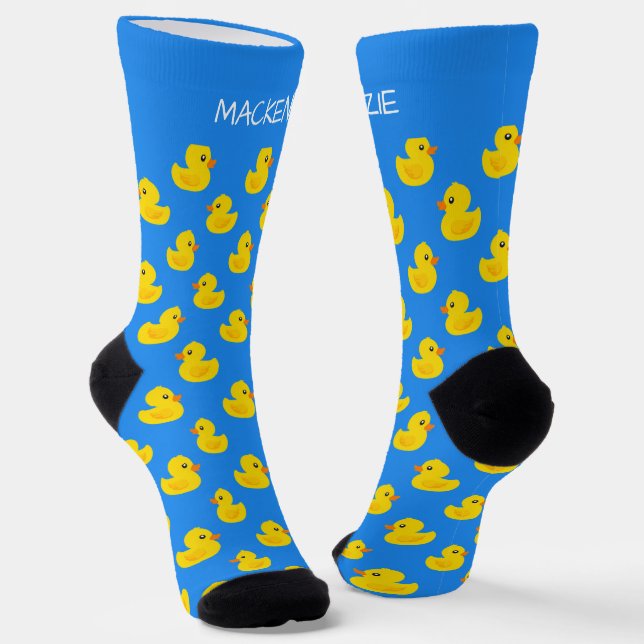 Cute Yellow Duck On Blue Pattern Personalized Socks (Angled)