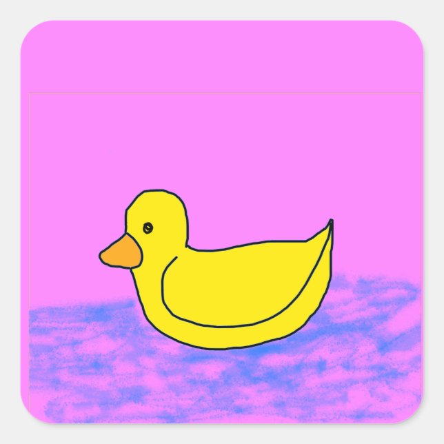 Cute Yellow Duck on Pink Square Sticker (Front)