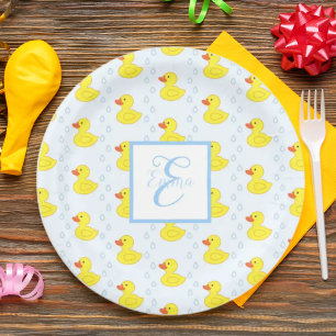 Cute Yellow Duck Pattern Monogram Baby Girl Paper Plate