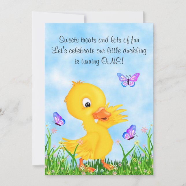 Cute Yellow Duckling and Butterflies 1st Birthday  Invitation (Front)
