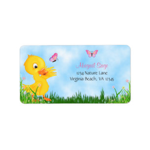 Cute Yellow Duckling and Pink Butterflies Address Label
