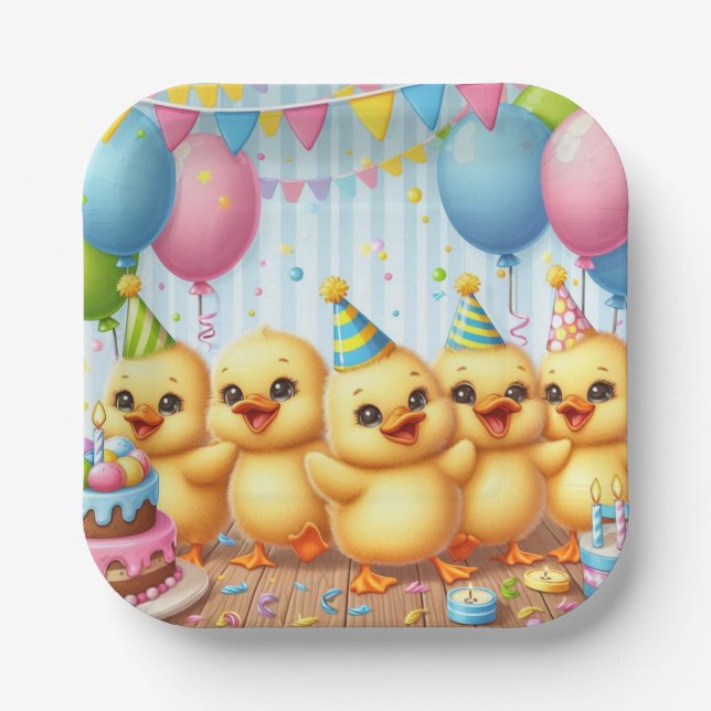 Cute Yellow Ducklings Birthday Party Paper Plates (Front)