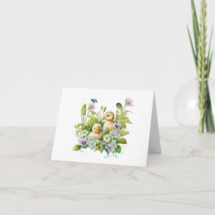 Cute Yellow Ducklings in Flowers BLANK  Card