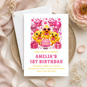 Cute Yellow Ducks & Pink Balloons Party Invitation