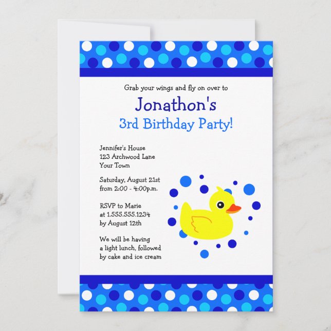 Cute Yellow Ducky Blue Polka Dots Birthday Invite (Front)