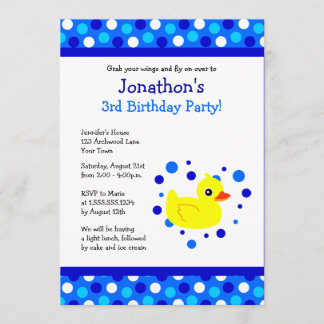 Cute Yellow Ducky Blue Polka Dots Birthday Invite