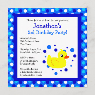 Cute Yellow Ducky Blue Polka Dots Birthday Invite