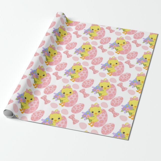 CUTE YELLOW EASTER CHICK WITH PINK EGGS WRAPPING PAPER (Unrolled)