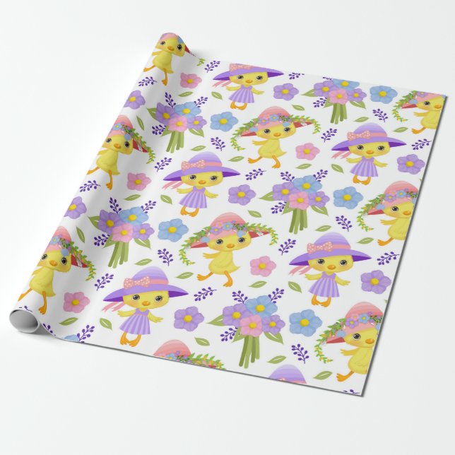 CUTE YELLOW EASTER CHICKS WITH HATS & FLOWERS WRAPPING PAPER (Unrolled)