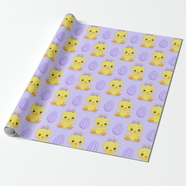 CUTE YELLOW EASTER CHICKS WITH PURPLE EGGS WRAPPING PAPER (Unrolled)