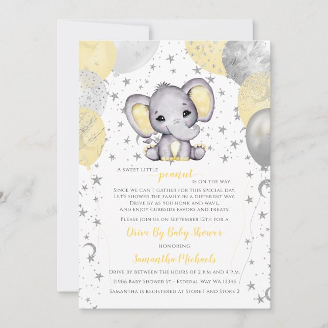 Cute Yellow Elephant Balloons Drive By Baby Shower Invitation (Front)