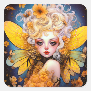 Cute Yellow Fairy Fantasy Art Square Sticker