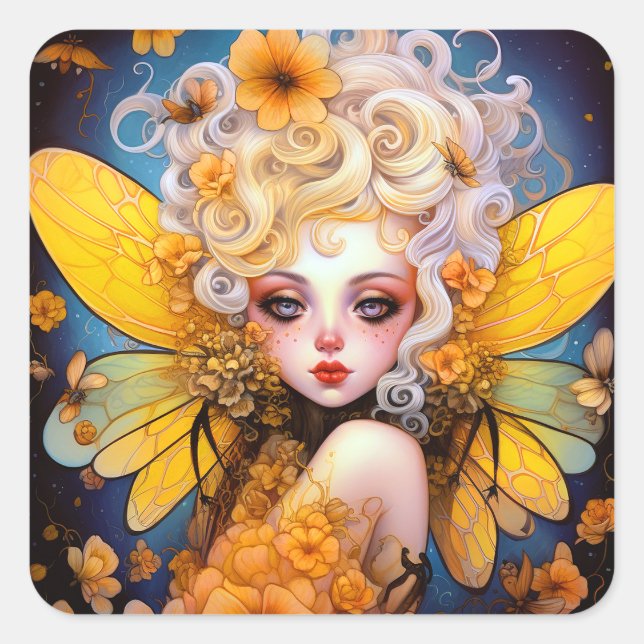 Cute Yellow Fairy Fantasy Art Square Sticker (Front)