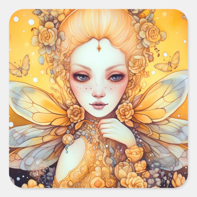 Cute Yellow Fairy Fantasy Art Square Sticker (Front)