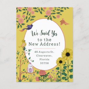Cute Yellow Floral Birds New Address Announcement Postcard
