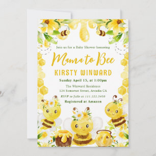 Cute Yellow Floral Honey Bees Baby Shower Invitation
