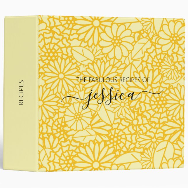 Cute yellow floral script name Recipe Binder (Front/Spine)