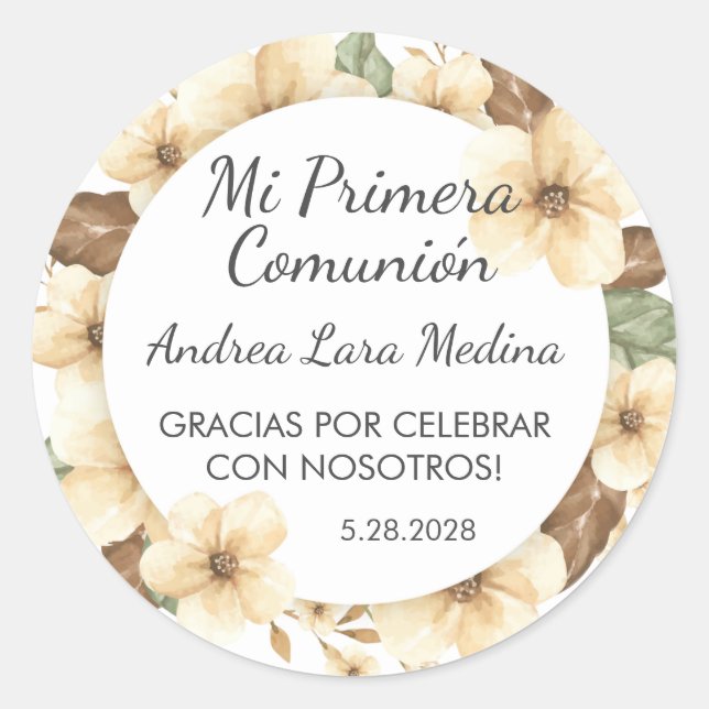 Cute Yellow Flowers in Spanish First Communion  Classic Round Sticker (Front)