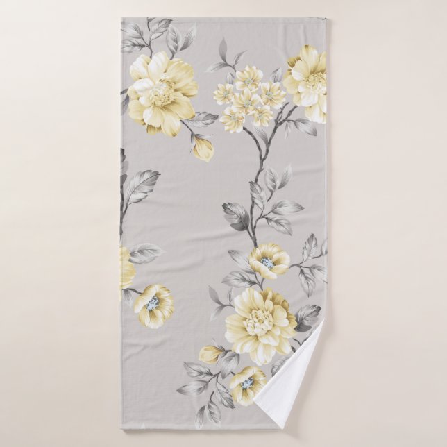 cute yellow flowers with grey leaves pattern on gr bath towel (Bath Towel)