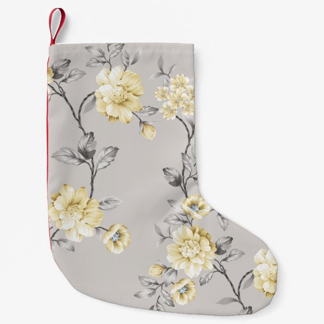 cute yellow flowers with grey leaves pattern on gr small christmas stocking (Front)