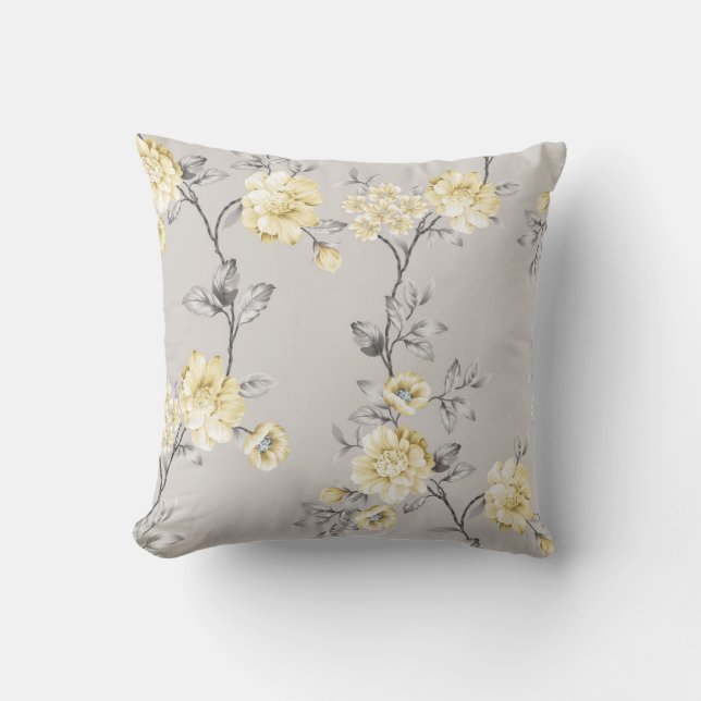 cute yellow flowers with grey leaves pattern on gr throw pillow (Front)