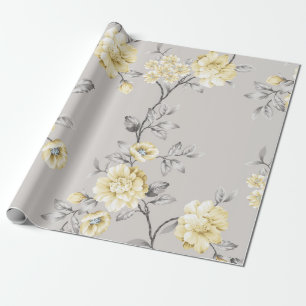 cute yellow flowers with grey leaves pattern on gr wrapping paper
