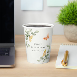 Cute Yellow Garden Foliage Butterflies Baby Shower Paper Cups